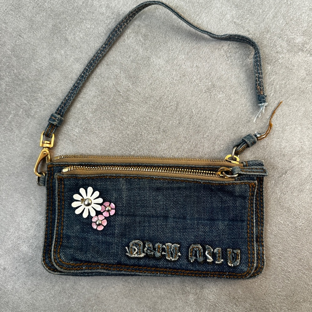 Miu Miu Denim Wristlet with Floral Accents